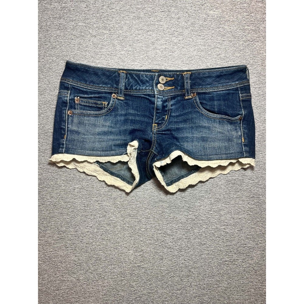 American Eagle Jean Shorts Women 4 Low Rise Lace Hem Medium Wash Hot Pants Blue